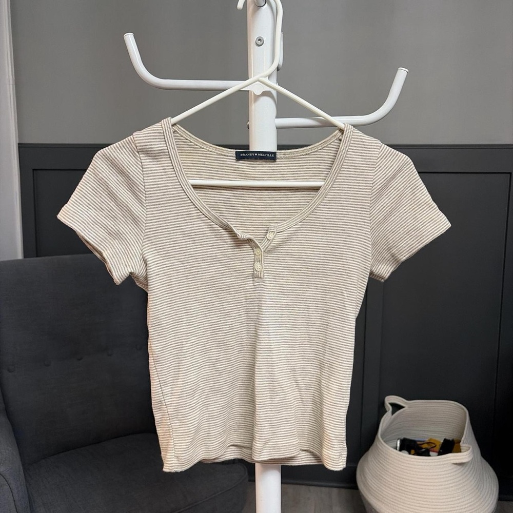 Brandy Melville Beige Striped Short Sleeve Tee